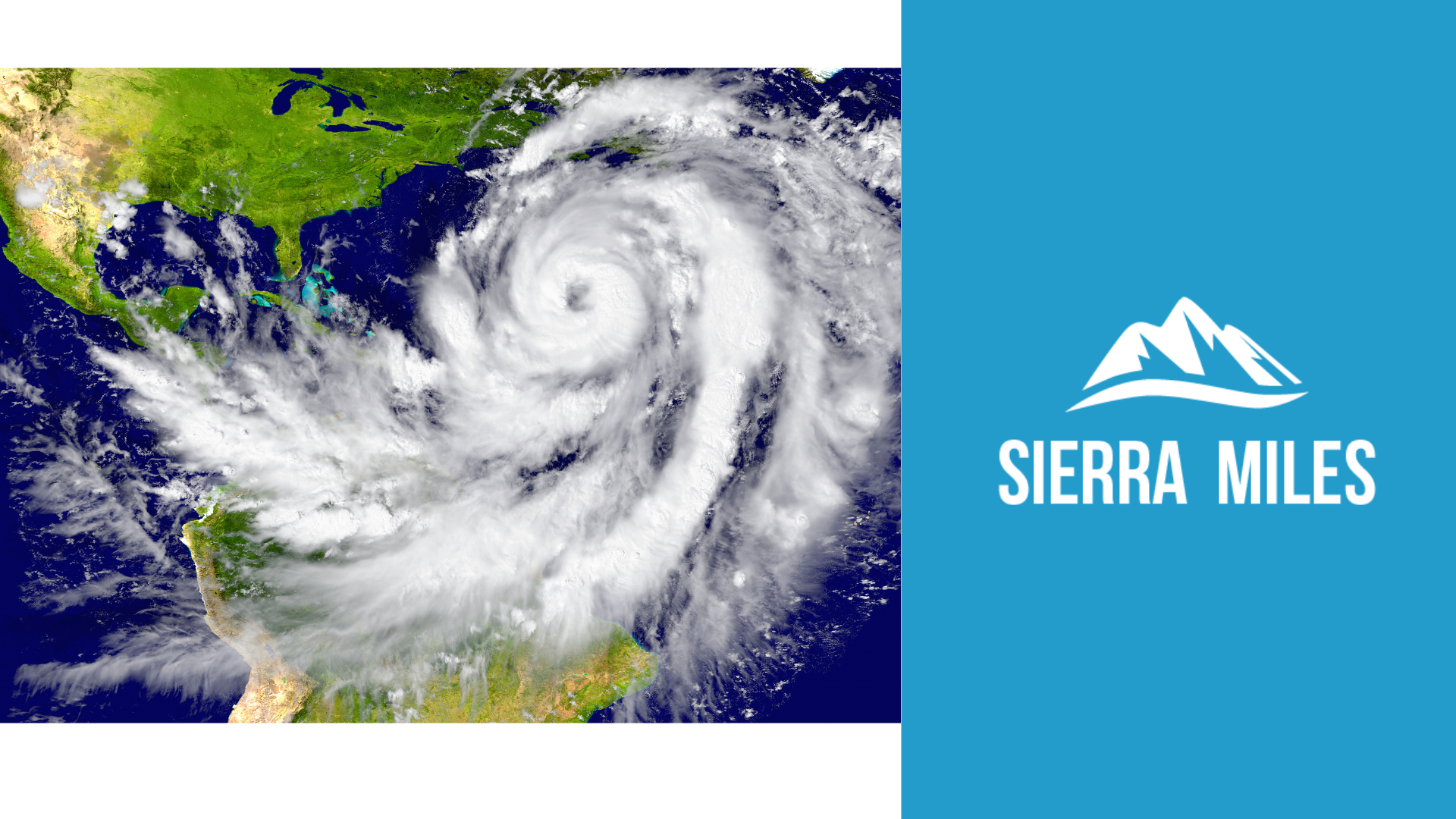 Satellite image of a large hurricane approaching North America with Sierra Miles logo on a blue background